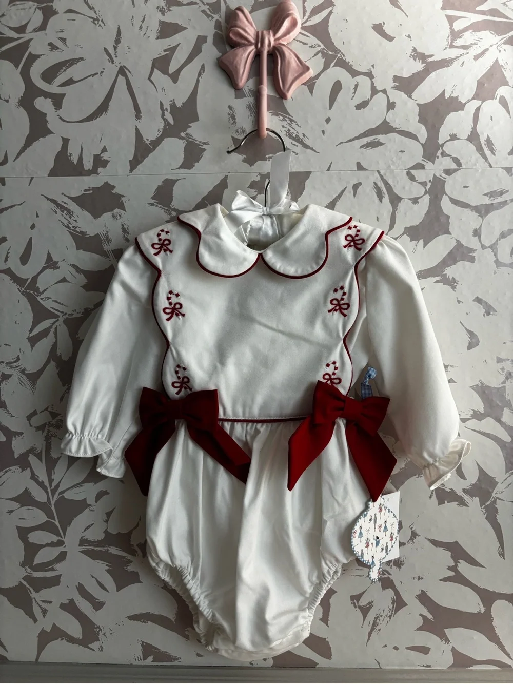 Edgehill Collection White Romper with Red Bow Accents